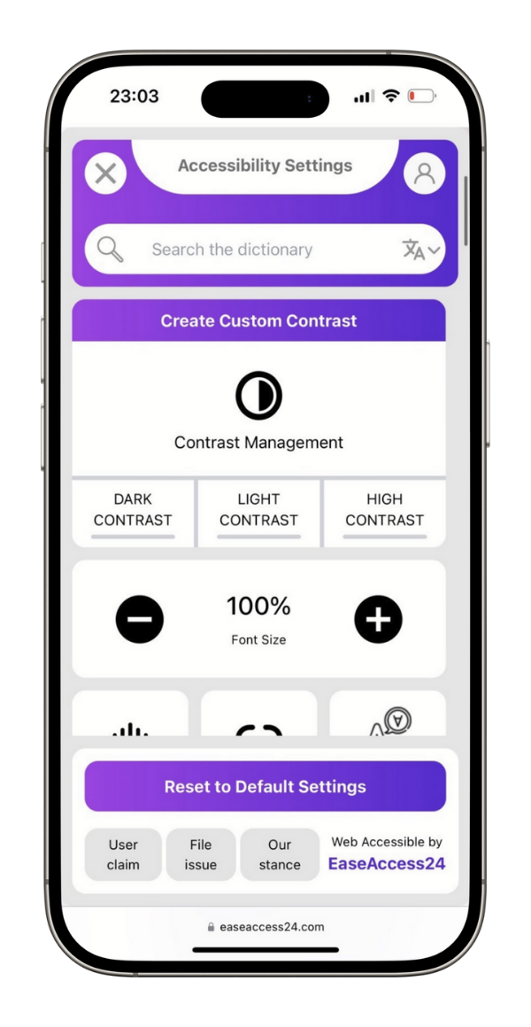 Mobile view of EaseAccess24 accessibility widget with contrast and font size controls.