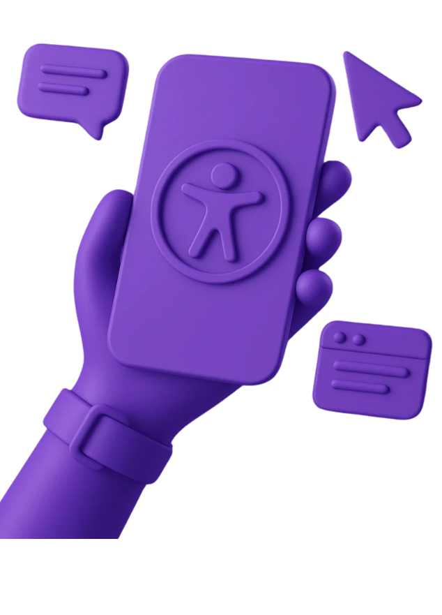 Illustration of a purple hand holding a smartphone with an accessibility icon on the screen, surrounded by icons representing communication and interaction.